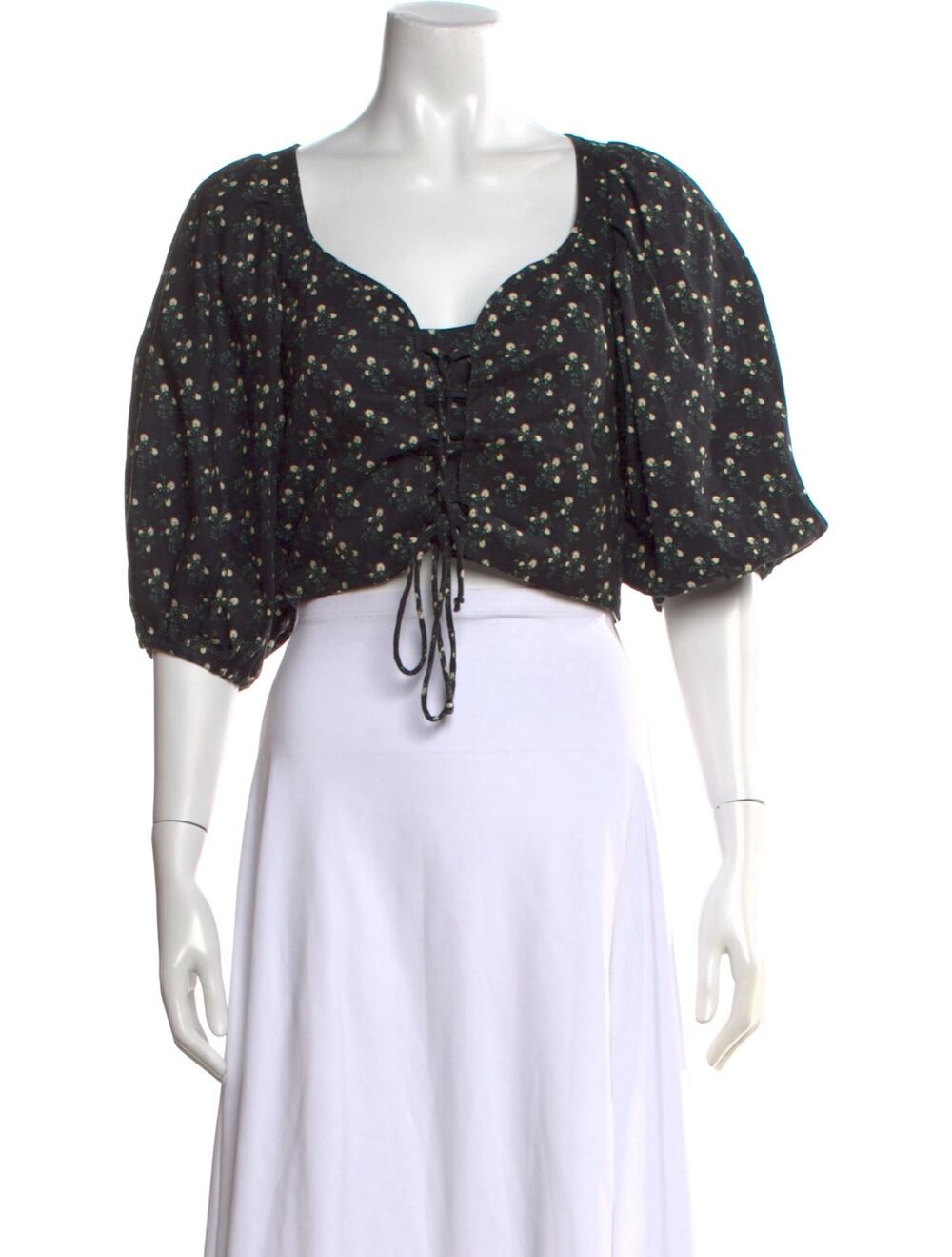 Loeffler Randall Mindy Gathered Sleeve Lace-Up Top Black Ditsy Floral small NWT